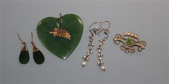 A pair of white metal, diamond and seed pearl drop earrings, a 9ct gem set brooch, nephrite pendant and pair of earrings.